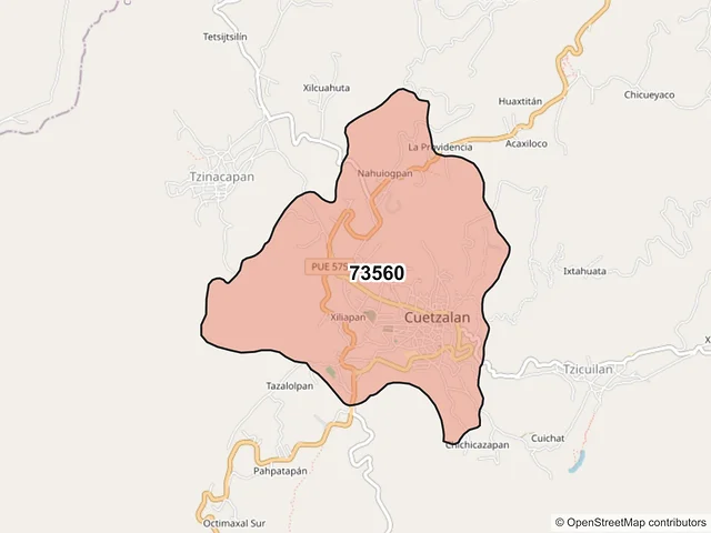 Mapa del código postal 73560, Cuetzalan del Progreso, Puebla