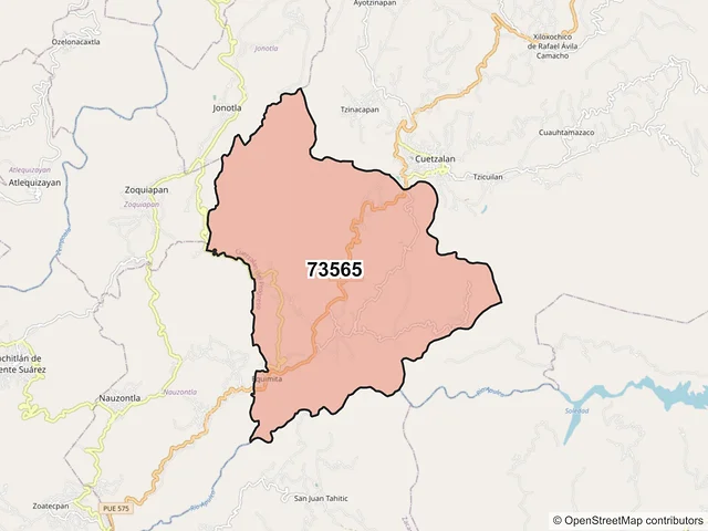 Mapa del código postal 73565, Cuetzalan del Progreso, Puebla