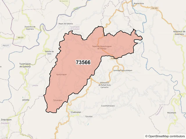Mapa del código postal 73566, Cuetzalan del Progreso, Puebla
