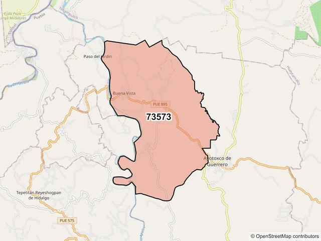 Mapa del código postal 73573, Ayotoxco de Guerrero, Puebla
