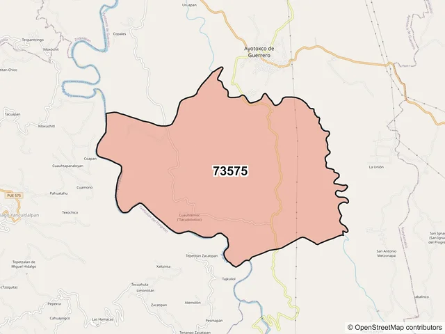 Mapa del código postal 73575, Ayotoxco de Guerrero, Puebla