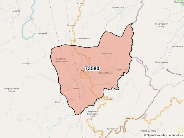 Mapa del código postal 73580, Hueytamalco, Puebla