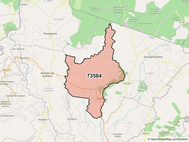 Mapa del código postal 73584, Hueytamalco, Puebla