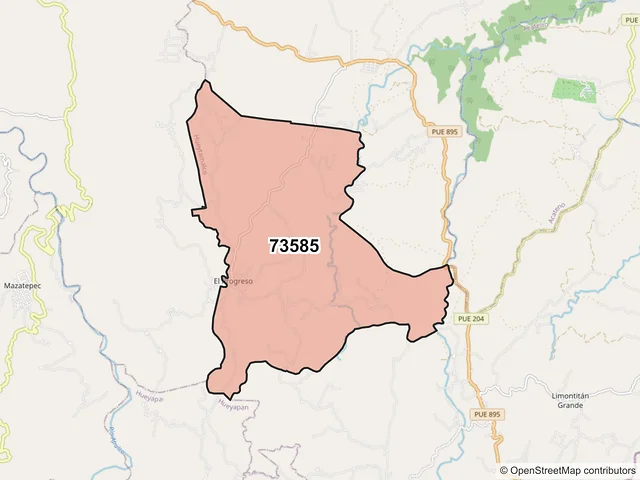 Mapa del código postal 73585, Hueytamalco, Puebla