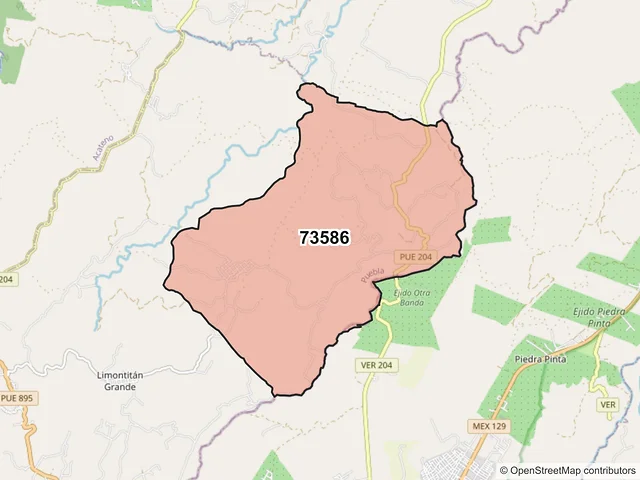Mapa del código postal 73586, Hueytamalco, Puebla