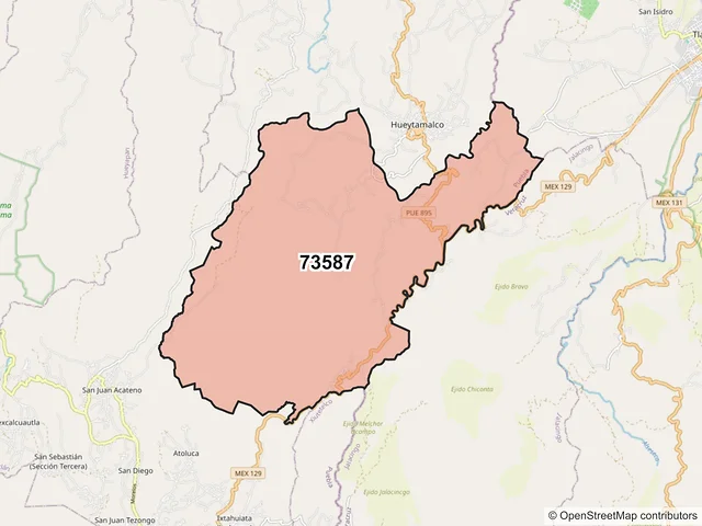 Mapa del código postal 73587, Hueytamalco, Puebla