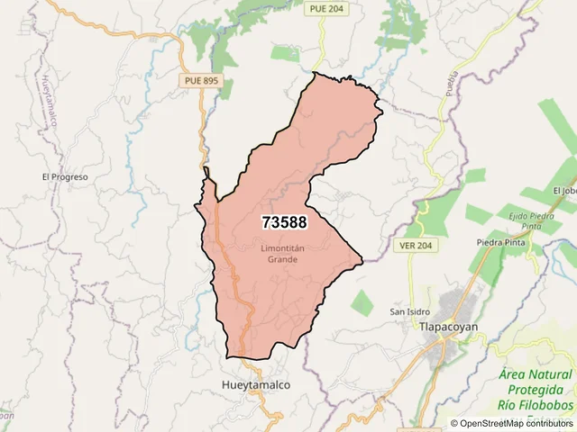 Mapa del código postal 73588, Hueytamalco, Puebla