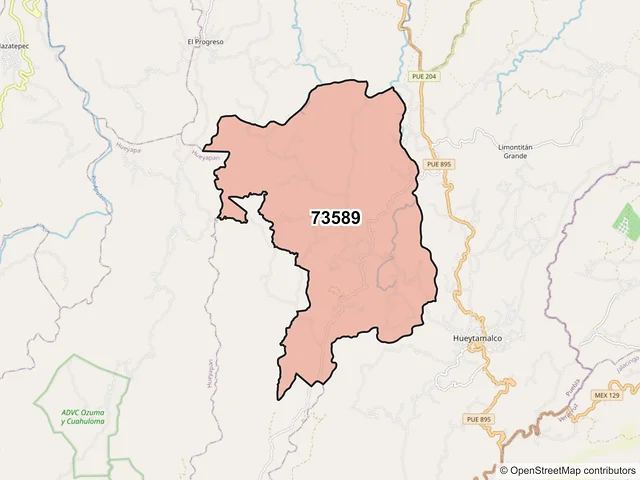 Mapa del código postal 73589, Hueytamalco, Puebla