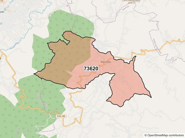 Mapa del código postal 73620, Aquixtla, Puebla