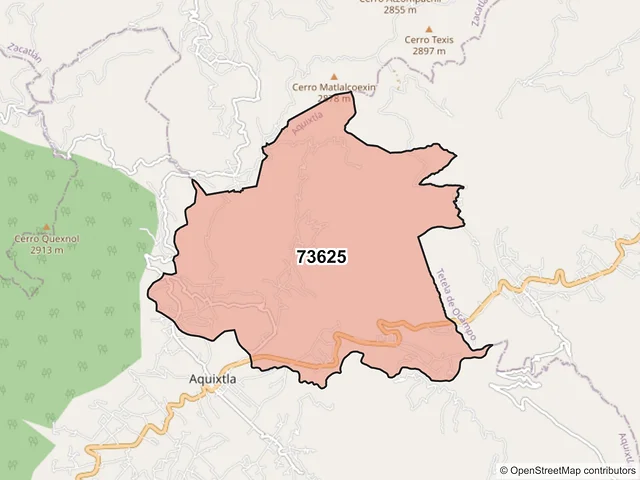 Mapa del código postal 73625, Aquixtla, Puebla