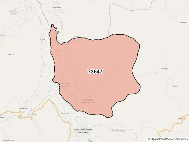 Mapa del código postal 73647, Tetela de Ocampo, Puebla