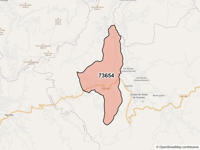 Mapa del código postal 73654, Tetela de Ocampo, Puebla