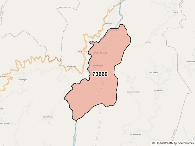 Mapa del código postal 73660, Xochiapulco, Puebla