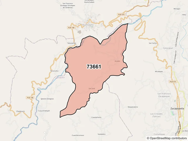 Mapa del código postal 73661, Xochiapulco, Puebla