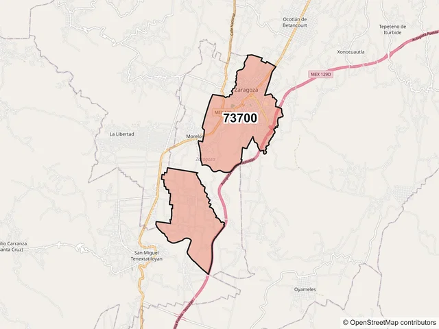 Mapa del código postal 73700, Zaragoza, Puebla