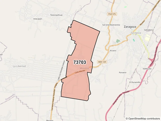 Mapa del código postal 73703, Zaragoza, Puebla