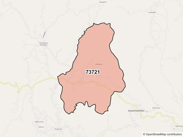 Mapa del código postal 73721, Ixtacamaxtitlán, Puebla
