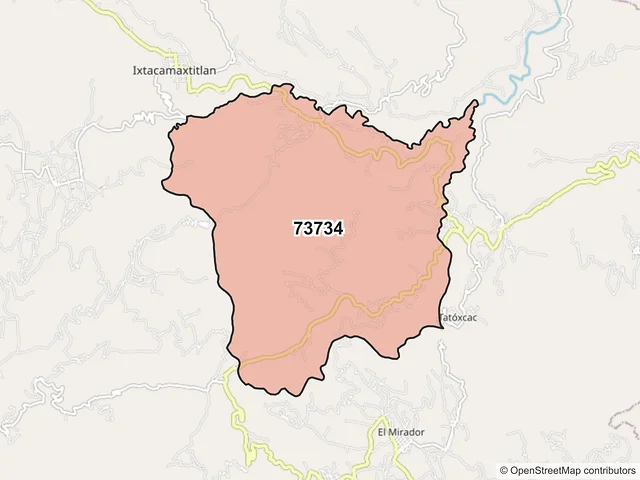 Mapa del código postal 73734, Ixtacamaxtitlán, Puebla