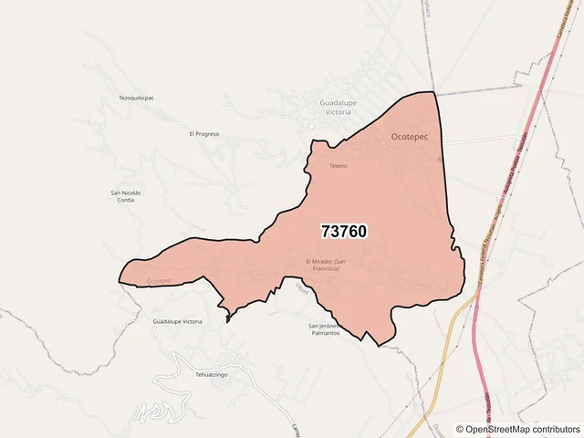 Mapa del código postal 73760, Ocotepec, Puebla