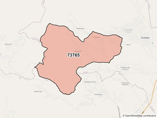 Mapa del código postal 73765, Ocotepec, Puebla