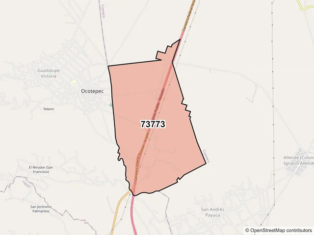 Mapa del código postal 73773, Ocotepec, Puebla