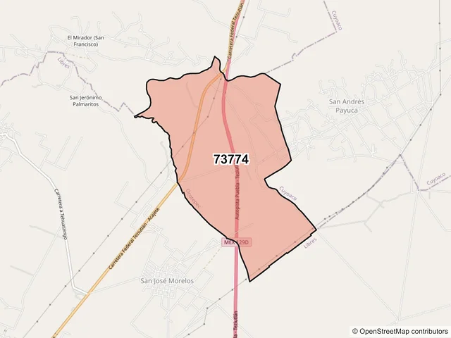 Mapa del código postal 73774, Ocotepec, Puebla