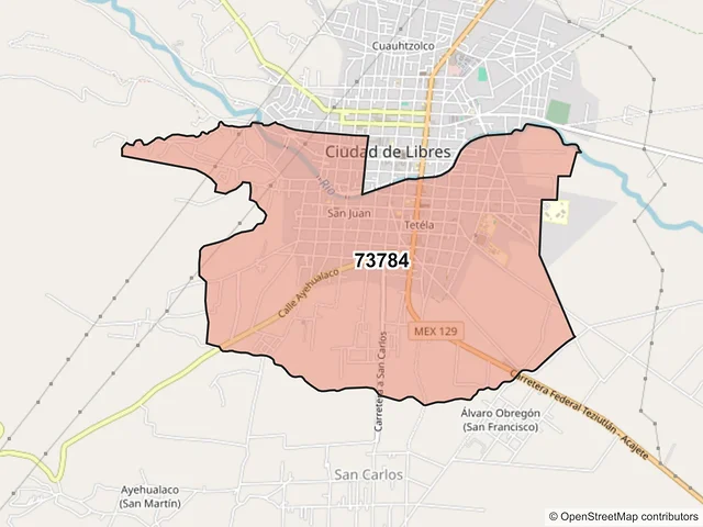 Mapa del código postal 73784, Libres, Puebla
