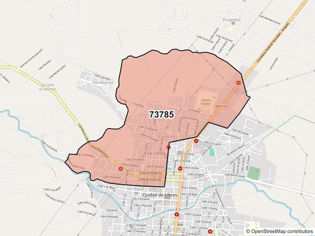 Mapa del código postal 73785, Libres, Puebla