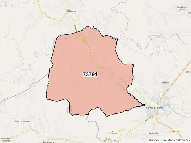 Mapa del código postal 73791, Libres, Puebla