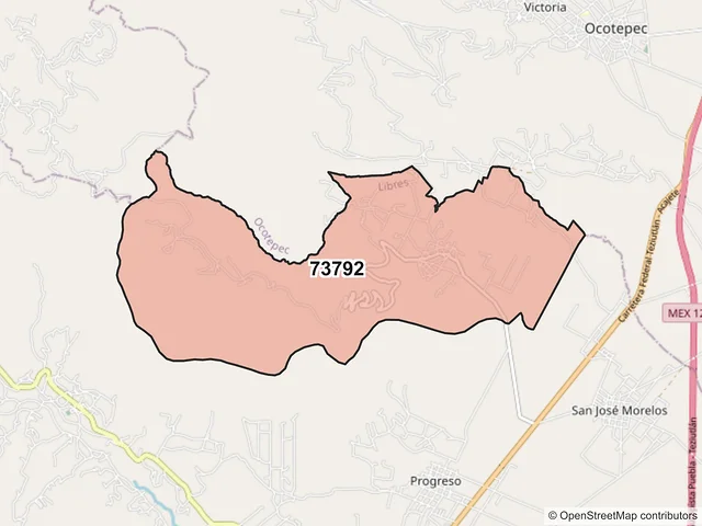 Mapa del código postal 73792, Libres, Puebla