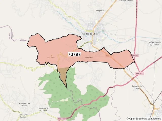 Mapa del código postal 73797, Libres, Puebla
