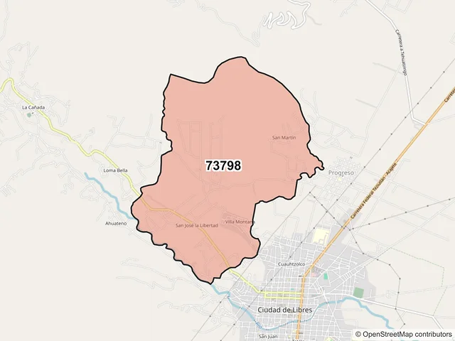 Mapa del código postal 73798, Libres, Puebla