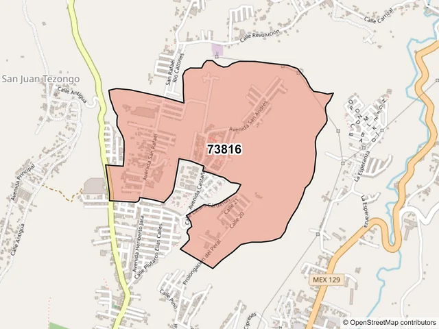 Mapa del código postal 73816, Teziutlán, Puebla