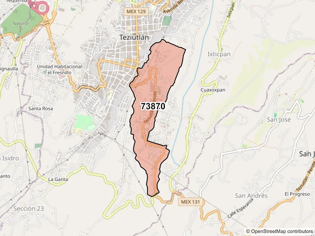 Mapa del código postal 73870, Teziutlán, Puebla