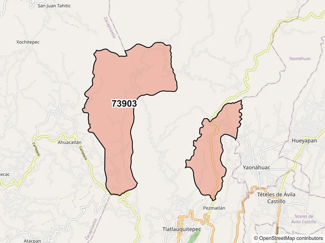 Mapa del código postal 73903, Tlatlauquitepec, Puebla