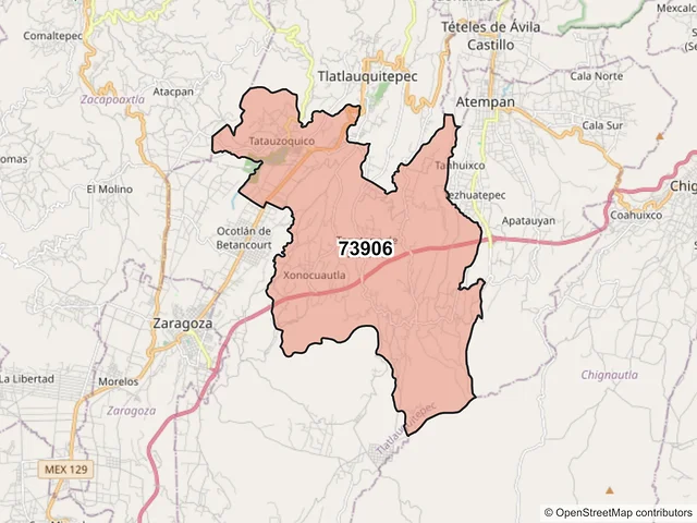 Mapa del código postal 73906, Tlatlauquitepec, Puebla