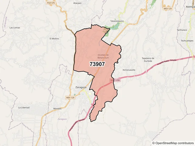 Mapa del código postal 73907, Tlatlauquitepec, Puebla