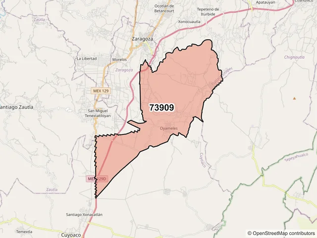 Mapa del código postal 73909, Tlatlauquitepec, Puebla