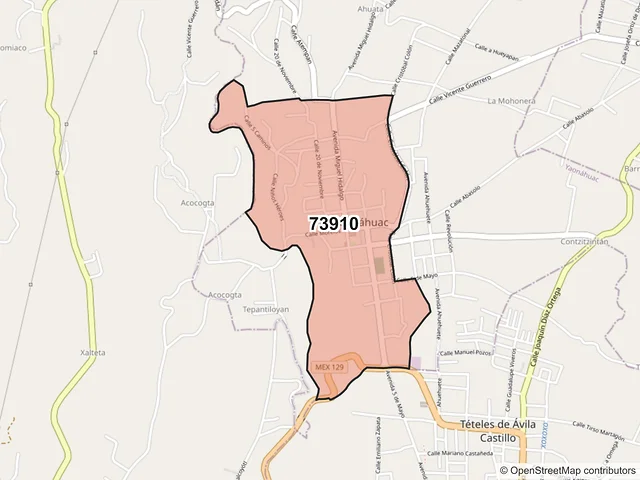 Mapa del código postal 73910, Yaonáhuac, Puebla