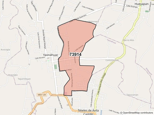Mapa del código postal 73914, Yaonáhuac, Puebla