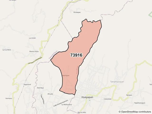Mapa del código postal 73916, Yaonáhuac, Puebla