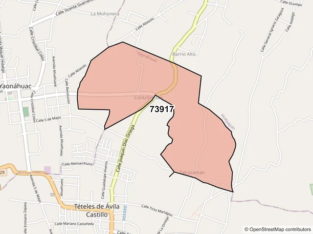 Mapa del código postal 73917, Yaonáhuac, Puebla
