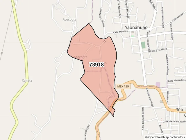 Mapa del código postal 73918, Yaonáhuac, Puebla