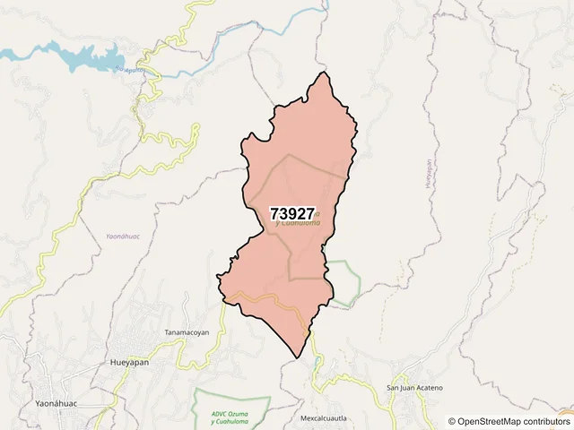 Mapa del código postal 73927, Hueyapan, Puebla