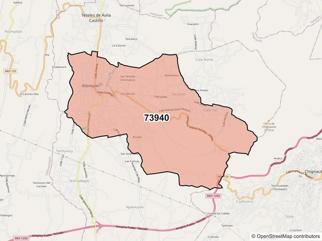 Mapa del código postal 73940, Atempan, Puebla