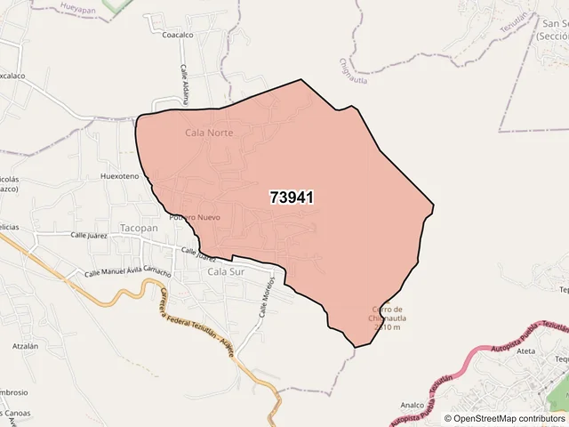 Mapa del código postal 73941, Atempan, Puebla