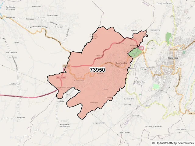 Mapa del código postal 73950, Chignautla, Puebla