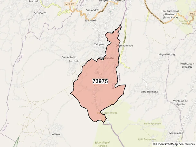 Mapa del código postal 73975, Xiutetelco, Puebla