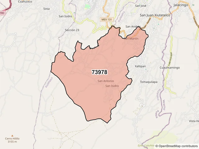 Mapa del código postal 73978, Xiutetelco, Puebla