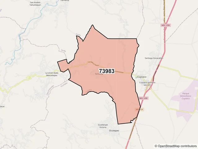 Mapa del código postal 73983, Cuyoaco, Puebla